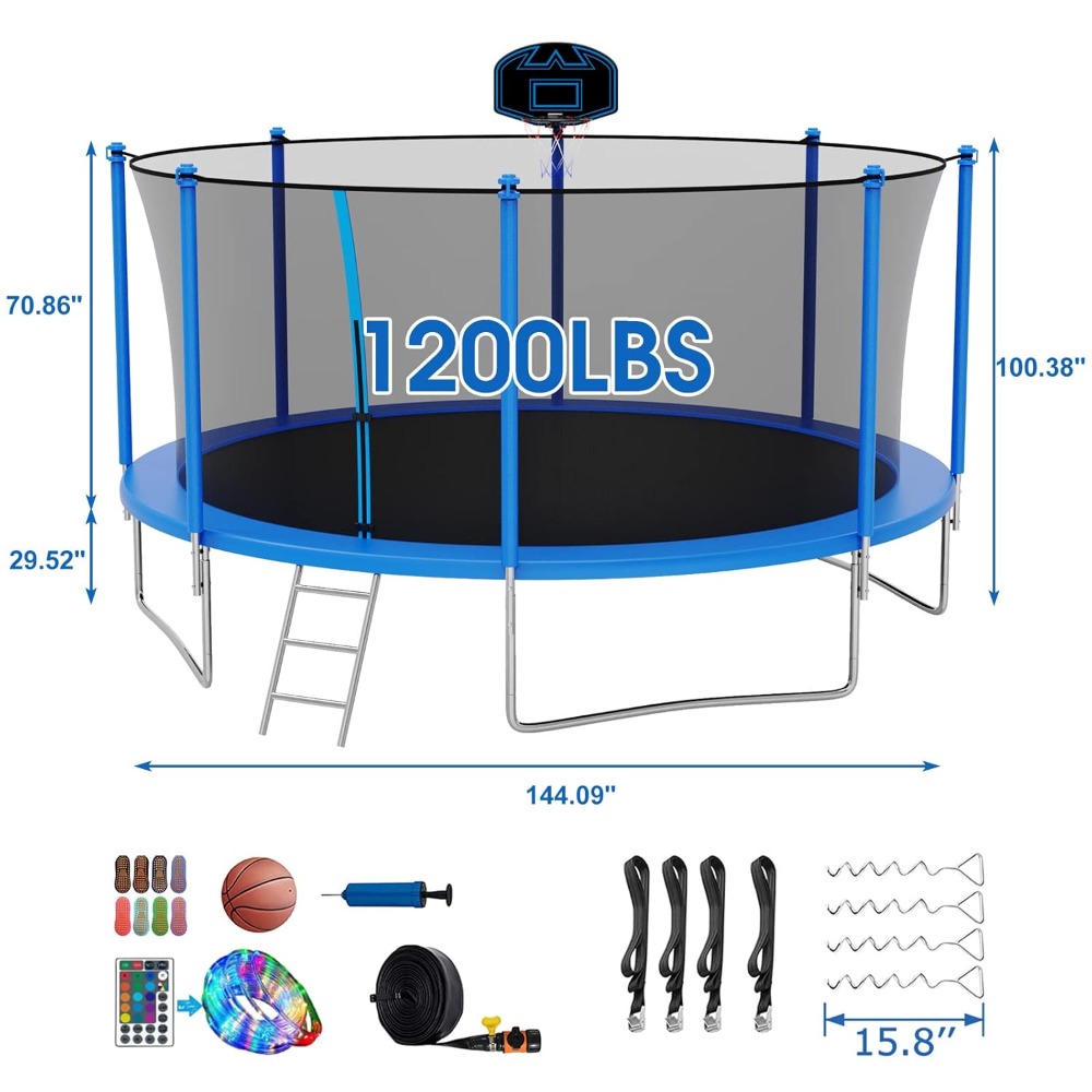 Kids Outdoor Trampoline - 12FT Windproof Outdoor Trampoline, 1500LBS Load
