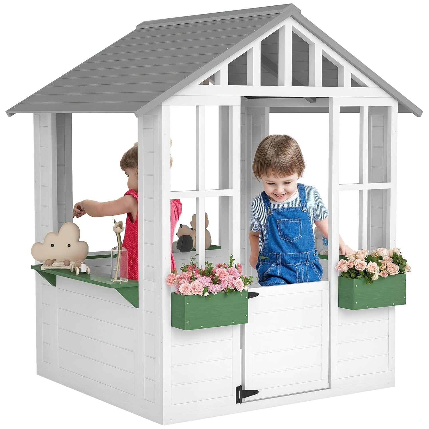 Kids Outdoor Wooden Playhouse - Wooden Outdoor Kids Playhouse with Working