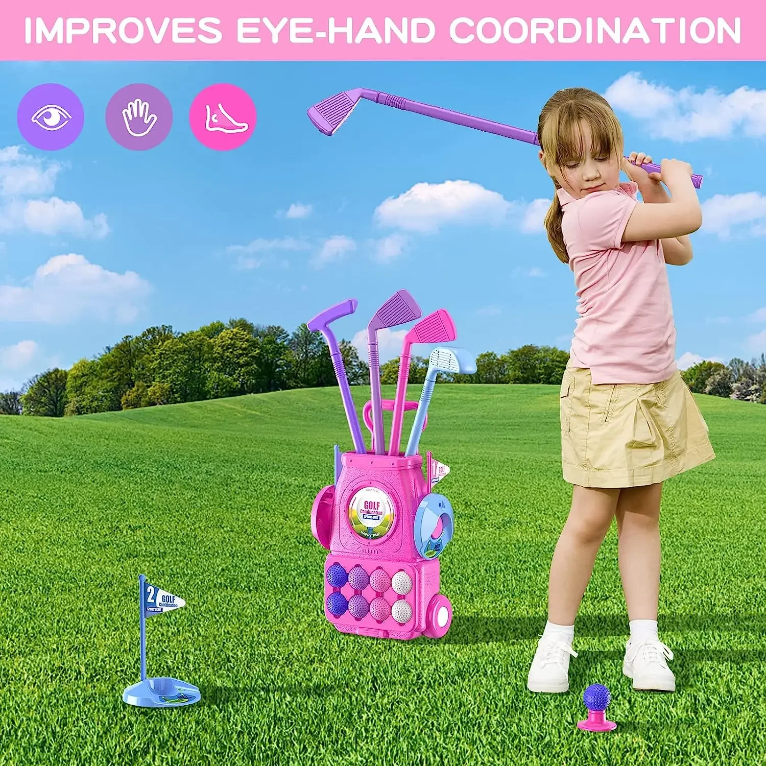 Pink Kids Golf Club Set with P - Kids Indoor Outdoor Cart incelemesi ve fiyatı
